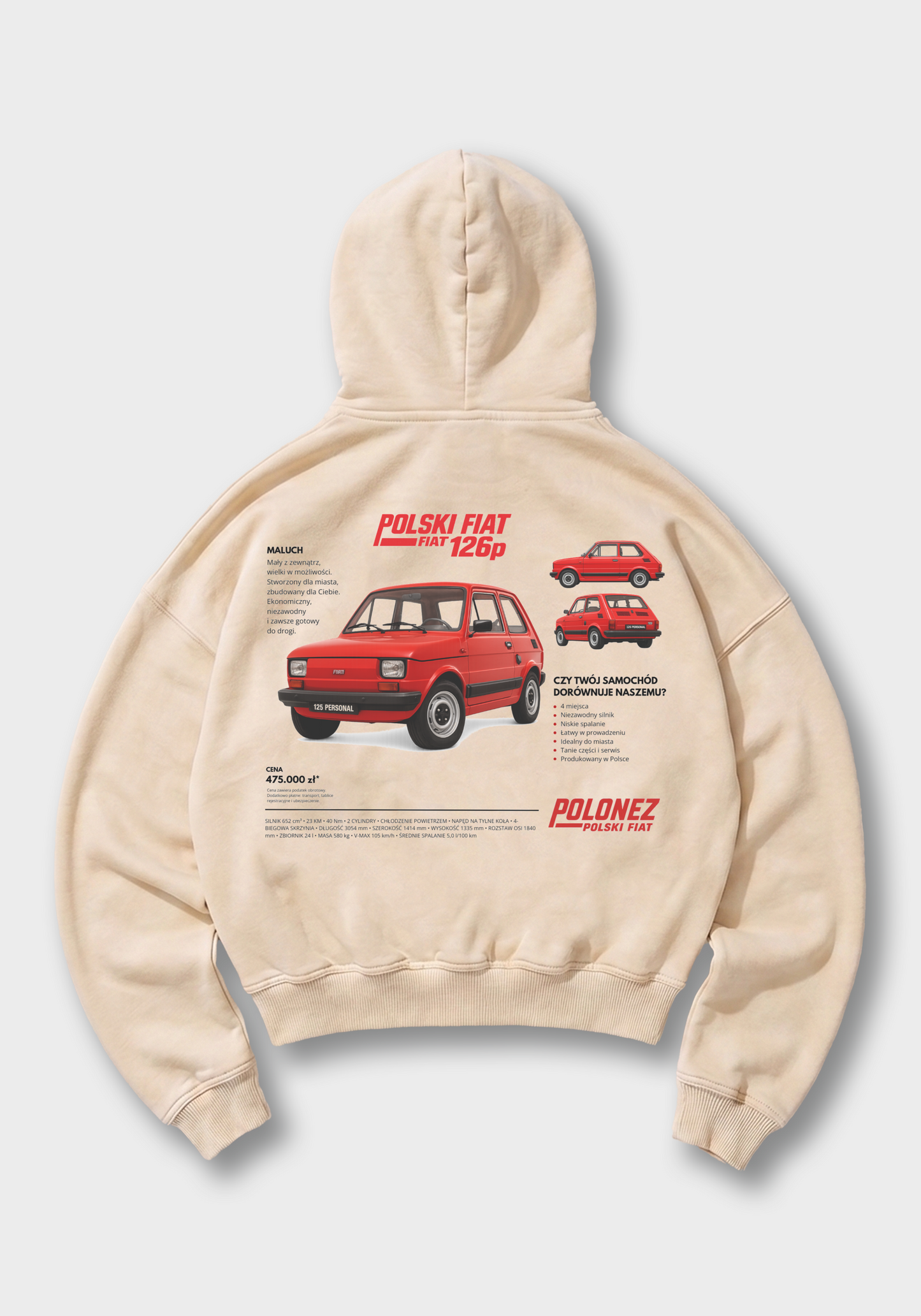 Fiat 126p Oversized Hoodie - Beige Back (Designed)