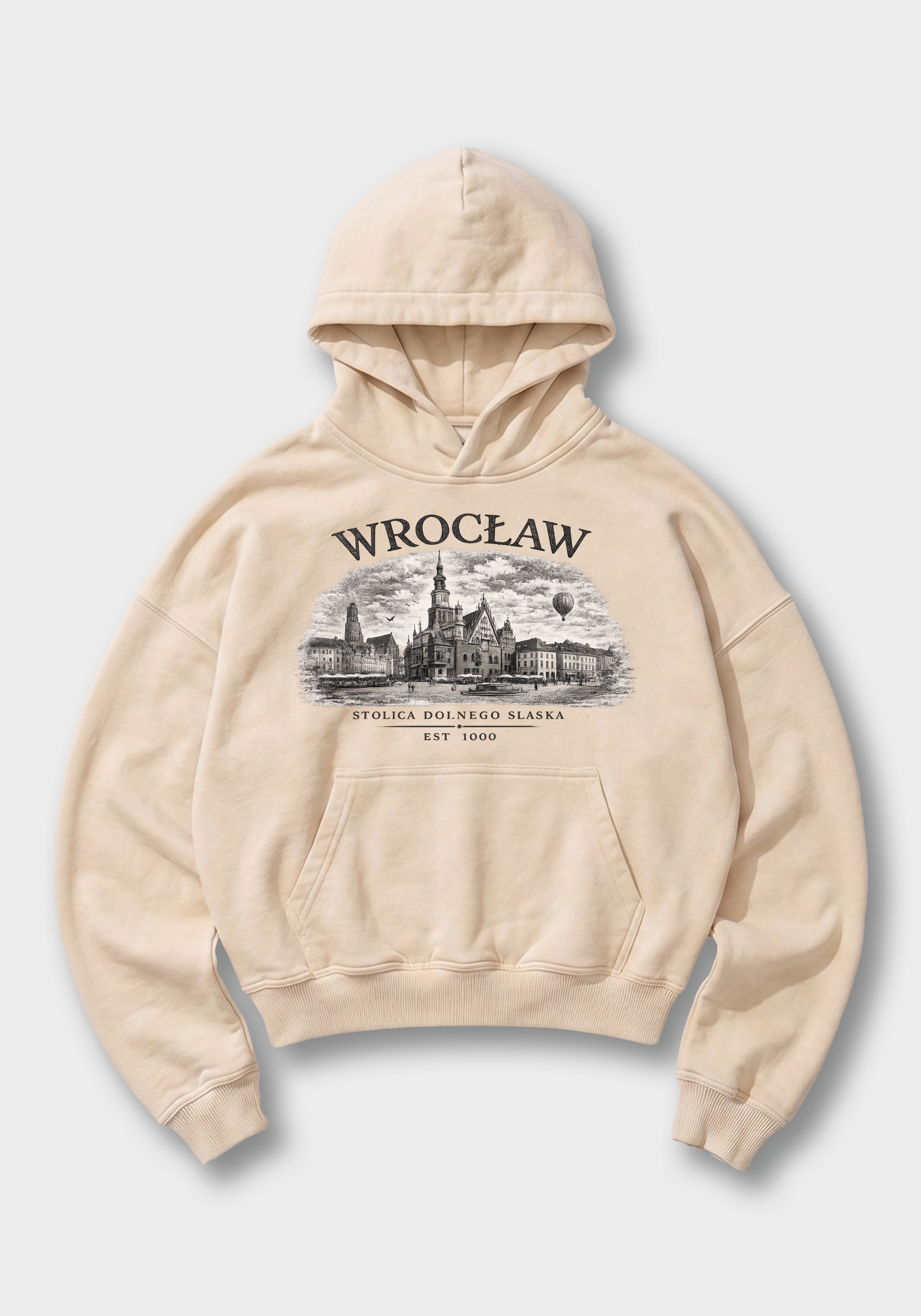 Wrocław Oversized Hoodie - Beige Front (Designed)